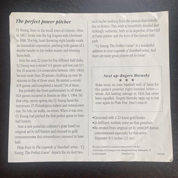 DELPHI CY YOUNG THE PERFECT GAME LARGE 8" PLATE BRADFORD EXCHANGE - Picture 5 of 7